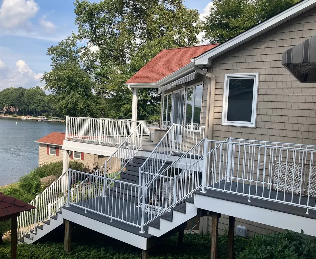 Clean lakeside deck and home exterior
